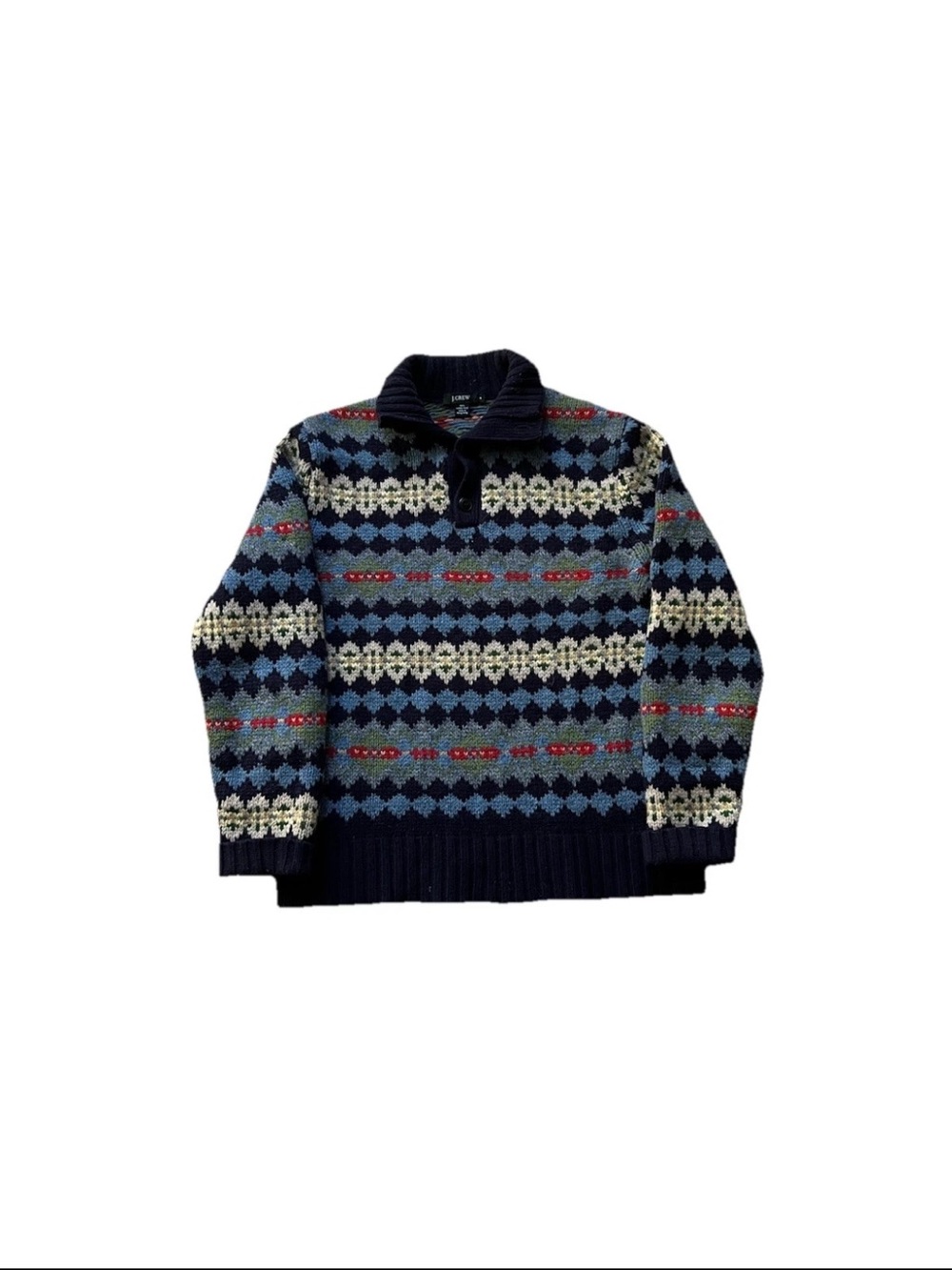 VTG J Crew Fair Isle Multi-color Henley Pullover Lambswool Sweater Size Medium